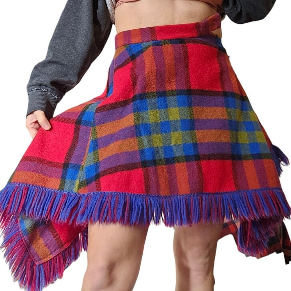 70s‎ Pioneerwear Womens XS Wool Plaid Skirt Fringe Assymetrical Red Blue Boho